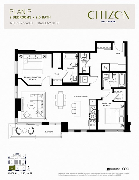 2 bed 2.5 bath P Floor Plan at Citizen on Jasper, Alberta, T5K 0M5